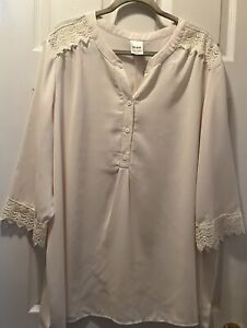 Blair 3X Ivory Blouse 1/2 Button Up Lace Trim 3/4 Sleeves Versatile Lovely