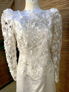SATIN LONG SLEEVE OPEN LEAF WHITE SHEATH WEDDING DRESS BRIDAL GOWN SMALL