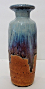 Handmade Studio Art Pottery Blue Drip Glaze Over Copper Glaze Vase SIGNED Peter