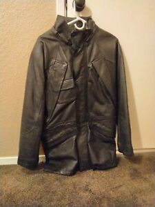 Mens Phase 2 genuine LEATHER Black Classic Peacoat Coat Jacket M/L