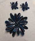 Vintage Fashion Jewelry Blue Enamel Flower Brooch Pin And Clip-on Earrings Set