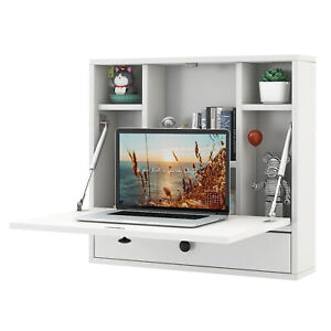 Wall-mounted Desk Floating Computer Workstation w/ Shelves Home Office White