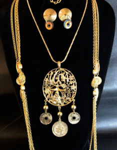 VTG Asian Chinese Dragon Coin Medallion Necklace MCM +Earrings Bracelet LOT 6875