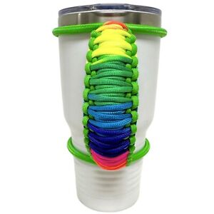 30/40oz Stretchable Paracord Tumbler Handle Neon Green Rainbow, Fits Epoxy Cups