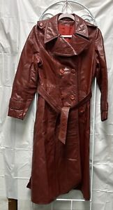 VTG Long Trench Coat Jacket Women’s Red Leather Belted Rock Retro Mod 70/80s XXS
