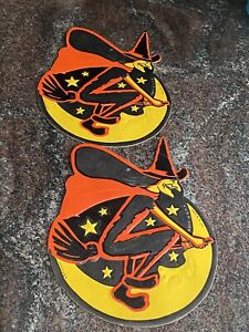 Two Vintage 1950's LUHRS Halloween Witch on Broom Diecuts - Old Holiday Decor