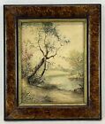 Antique Watercolor Painting Fall Scene Stream River Trees Landscape Signed
