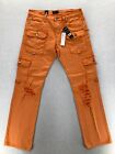 Preme Jeans Mens 36x34 Semi Stacked Fit Cargo Utility Orange Distressed Denim