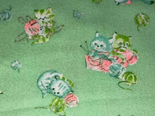 Vintage Smiling Kittens w/ Yarn Baby Flannel Fabric Green Pink Blue 37