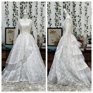 Vintage 50s 60s Lace Princess Wedding Dress Fit & Flare Bustle Tiered White XS/S