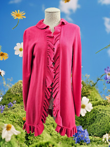 CS Women's M Magaschoni Cashmere Ruffle Open Front Cardigan Sweater Pink EUC!