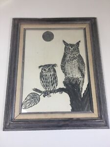 Original Pencil Drawing Etching Owl & Offspring By Luke Frame Wood From Mexico