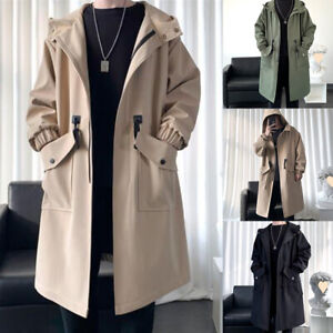 Men Trench Coat Autumn Spring Long Outwear Hooded Casual Jacket Cardigan Fashion
