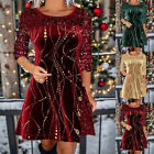 Ladies Christmas Evening Party Dress Gown Women Long Sleeve Sequin Ruffled Dress