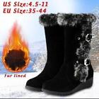 Winter Warm Mid Calf Snow Boots Women Fur Lined Flat Buckle Casual Long Shoes