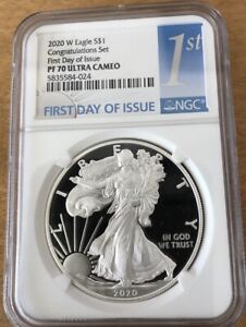 2020-W NGC PF70 Ultra Cameo Silver Eagle First Day of Issue Congratulations Set