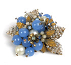 RARE Miriam Haskell Layered Blue Glass Pearl Rhinestone Flowers Unsigned Brooch