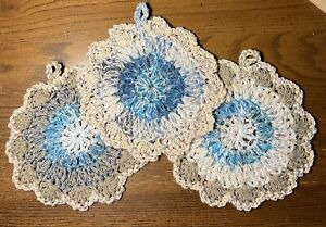 New ListingDischcloth Scrubbies BLUE BEIGE CREAM Crochet Set 3 Extra Large XL Scrubby Rags