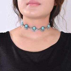 Antique Silver & Turquoise Western Southwestern Bohemian Choker Necklace NEW