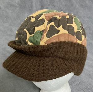 VTG Duck Camo Canvas Hunting Hat Beanie Mens Small Frog
