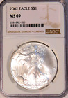 2002 American Silver Eagle - NGC MS69 - Fresh Bright White & New Holders