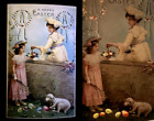 ~Hold To Light~Two Pretty  Girls with Lamb~Flowers~Eggs~1908~HTL Easter Postcard