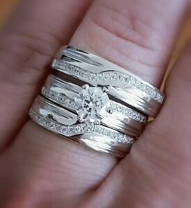 Moissanite White Gold Plated  Wedding Ring Set Engagement Ring Trio