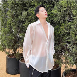 Korean Long sleeved Loose Casual Shirt Top Perspective shirt coat Mens Youth Fas