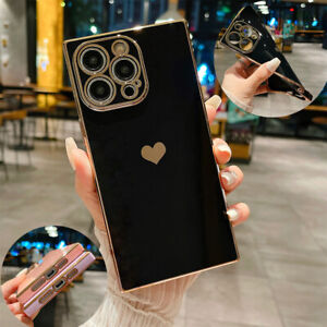 For iPhone 15Pro Max 14 13 XR 7 Luxury Square Plating Case Love Heart Back Cover