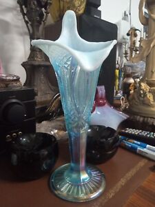 Vintage Iridescent Blue Opalescent Carnival Glass Jack In The Pulpit Vase