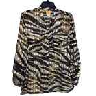 Zebra Print Semi-Sheer Button Up Blouse 14 Chiffon Relaxed Brown Mob Wife Safari