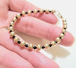 14k Solid Yellow or Rose 5mm Hammered 2.5mm Faceted Onyx Gold Ball Bead Bracelet