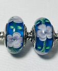 2 Authentic Pandora Murano Glass Charm Dogwood Cherry Blossom Rose Blue Bead Set
