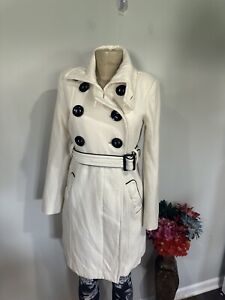 Bebe Coat Size Xs Pea Coat White Wool White Black Lined Belted Long Trench