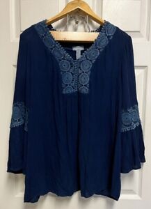 Blue STUDIO WEST Long Flutter Sleeves Crochet Lace Boho Peasant Tunic XL