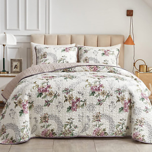 3 Pieces Quilt Set Full/Queen Size Beige Floral Reversible Bedspread Coverlet Se