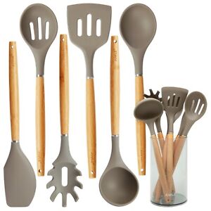 7-Piece Silicone and Wood Kitchen Utensil Set with Holder for Cooking