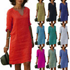 Women Short Sleeve Cotton Linen Midi Dress Ladies Solid V Neck Baggy Sundress >