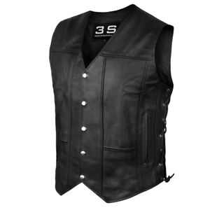 Mens Genuine Leather 10 Pockets Motorcycle Biker Vest Laces Black Brown All Size