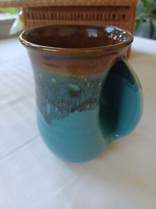 Neher 2015 Clay in Motion signed pottery mug hand warmer right-handed blue drip