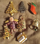 Vintage Christmas Tree Brooch Pins LOT x8 Gold Tone Multicolor