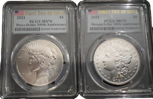 2021 Peace & Morgan Dollar Certified By PCGS MS-70, First Day Of Issue.