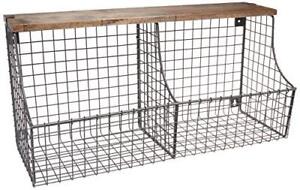 Vintage Double Bin with Wood Storage Wall-Mounted Wire Basket & Wood Shelf, F...