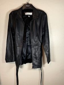 Andrew Marc Jacket Womens Medium Button Front Trench Coat Belted Black Casual