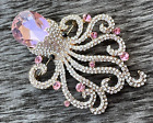 Pink Octopus Crystal Glass Rhinestone Brooch Pin Ocean Animal Vintage Gold Tone