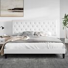 King Faux Leather Upholstered Bed Frame with Button Tufted Headboard, White