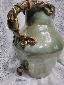 Antique Hand spun Large heavy Signed Pottery vase handle Vintage 11.5