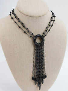 Erickson Beamon Black Bronze Wood Fringe Tassel Pendant Necklace 14-18