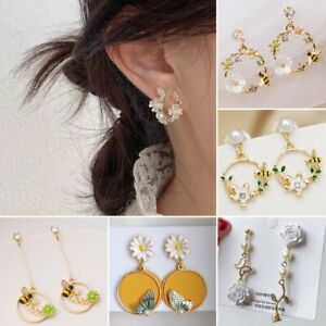 Fashion Silver Flower Women Bee Animal Zircon Earrings Stud Wedding Jewelry