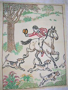 New ListingVintage Hand Embroidered Tapestry on Flour/Seed Sack Cloth Circa 1920's The hunt